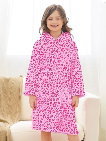 Doctor Unicorn Girls Leopard Cat Robe Kids Fleece Warm Hooded Bathrobe in Kuwait