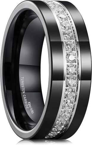 King Will Mens Tungsten Wedding Band with Cubic Zircon Inlay 7mm/8mm Flat Cut Comfort Fit Engagement Rings in Kuwait