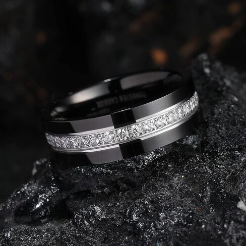 King Will Mens Tungsten Wedding Band with Cubic Zircon Inlay 7mm/8mm Flat Cut Comfort Fit Engagement Rings in Kuwait