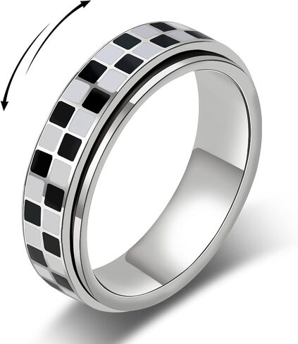 حلقة تململ Amorartsky Checkered للبالغين - 18K الذهب المطلي بالفولاذ المقاوم للصدأ المجوهرات الدوار ، والقلق ، هدية تخفيف الإجهاد للنساء/الرجال (نمط أبيض وأسود) in Kuwait