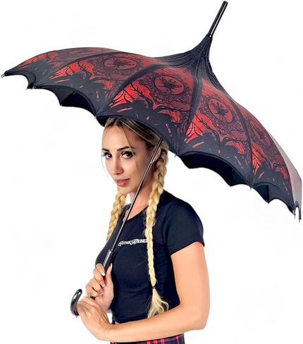Pagoda Umbrella - Artisan Design with Bat Wing Scalloped Edges, Full Size Waterproof Windproof UV Protection Gothic Parasol with Carry Case in Kuwait