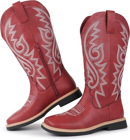 Hawkwell Women's Cowboy Cowgirl Boots Square Toe Side Zipper Embroidered Low Heel Dress Western Mid Calf Boot in Saudi Arabia
