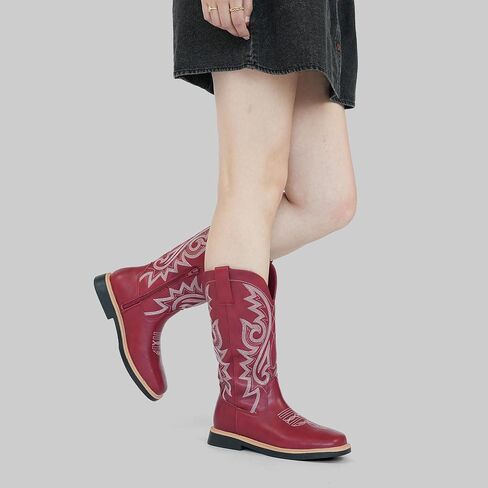 Hawkwell Women's Cowboy Cowgirl Boots Square Toe Side Zipper Embroidered Low Heel Dress Western Mid Calf Boot in Saudi Arabia