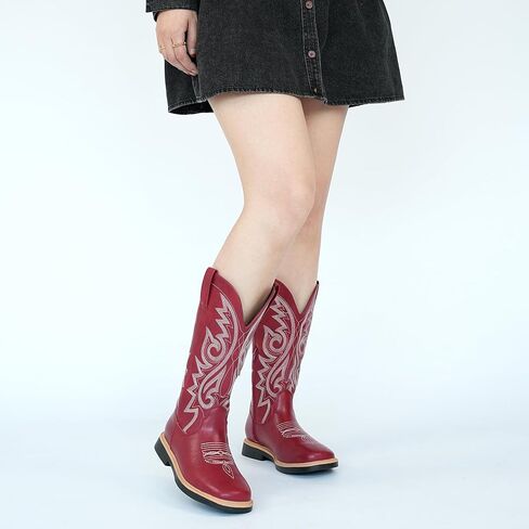 Hawkwell Women's Cowboy Cowgirl Boots Square Toe Side Zipper Embroidered Low Heel Dress Western Mid Calf Boot in Saudi Arabia