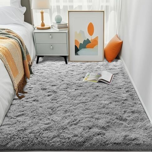 HQAYW Fluffy Area Rugs for Living Room Bedroom, Machine Washable 4x6 Ultra Soft Shag Bedside Rug,Indoor Floor Non-Slip Modern Plush Carpet for Kids,Girls,Boys and Nursery Rooms,Grey in Saudi Arabia