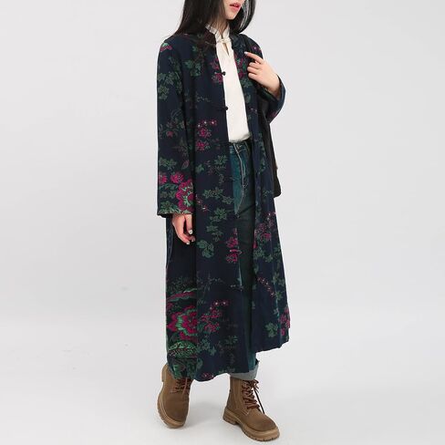 Women's Floral Print Long Trench Coat Casual Cotton Linen Jacket with Pockets Boho retro Outerwear Plus Size in Saudi Arabia