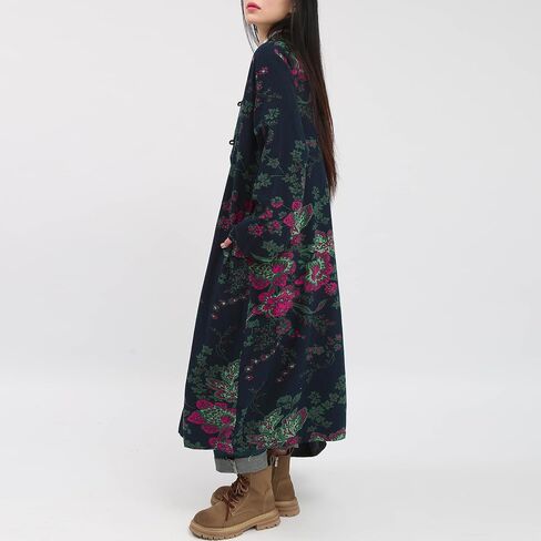 Women's Floral Print Long Trench Coat Casual Cotton Linen Jacket with Pockets Boho retro Outerwear Plus Size in Saudi Arabia