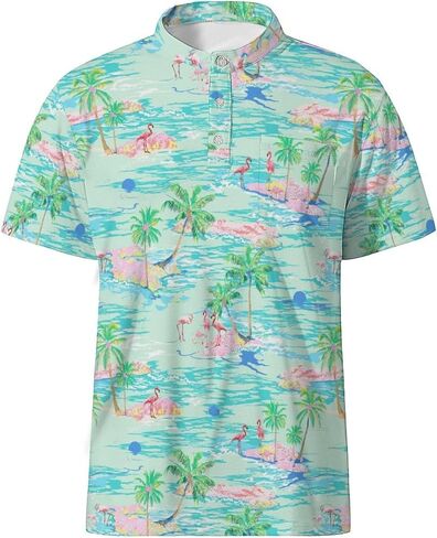 Golf Shirts for Men Printed Henley Shirts Collarless Golf Polo Shirt Short Sleeve with Pocket in Kuwait