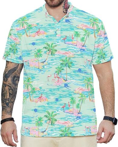 Golf Shirts for Men Printed Henley Shirts Collarless Golf Polo Shirt Short Sleeve with Pocket in Kuwait