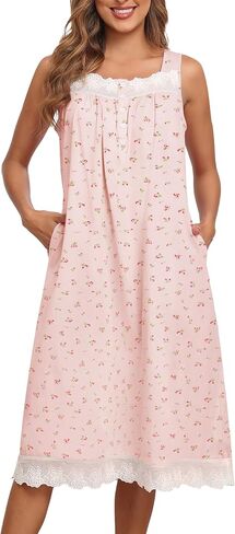 Bloggerlove Nightgowns for Women 100% Cotton Button Down Sleeveless House Dress Lace Moomoo Nightgown with Pockets in Saudi Arabia