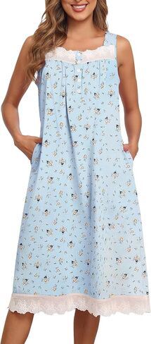 Bloggerlove Nightgowns for Women 100% Cotton Button Down Sleeveless House Dress Lace Moomoo Nightgown with Pockets in Saudi Arabia