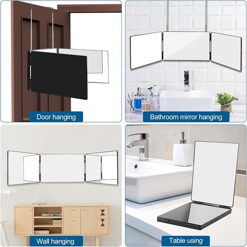 3 Way Trifold Haircut Mirror, 360 Degree Mirror for Hair Cutting, Shaving, Grooming, Hair Styling, Dye Hair and Makeup with Adjustable Height Brackets, Portable for Travel, Bedrooms, Bathroom (Black) in Saudi Arabia