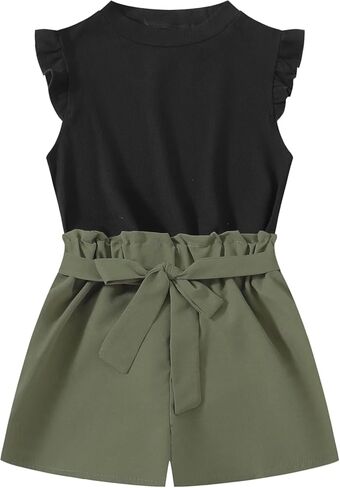 أطقم ملابس صيفية قصيرة للفتيات مكونة من قطعتين تي شيرت وشورت مع حزام وطبعة زهور in Kuwait