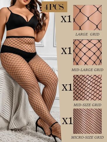 النساء 4 أزواج مثير بالإضافة إلى الحجم الجوارب شبكة السمك جوارب جوارب جوارب طويلة الخصر in Kuwait