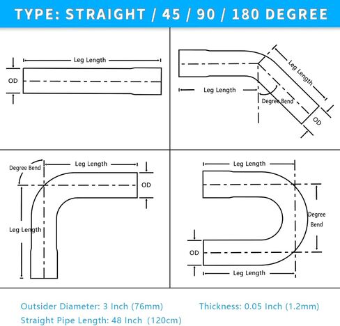 2 Inch DIY Custom Mandrel Exhaust Pipe Tube Pipe, 48 Straight 2'' OD & Bend Pipe(45/90/180 Degree) Kit, Industrial Pipes,T304 Stainless Steel, Universal Fit - 8PCS, Silver in Kuwait