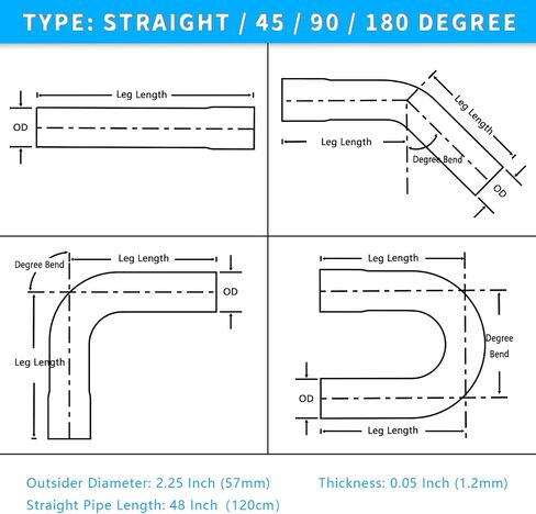 2 Inch DIY Custom Mandrel Exhaust Pipe Tube Pipe, 48 Straight 2'' OD & Bend Pipe(45/90/180 Degree) Kit, Industrial Pipes,T304 Stainless Steel, Universal Fit - 8PCS, Silver in Kuwait
