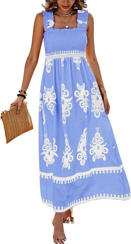 PRETTYGARDEN Womens Summer Boho Maxi Dress 2025 Casual Sleeveless Square Neck Floral Aline Smocked Beach Dresses with Pockets in Kuwait