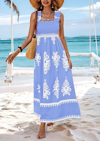 PRETTYGARDEN Womens Summer Boho Maxi Dress 2025 Casual Sleeveless Square Neck Floral Aline Smocked Beach Dresses with Pockets in Kuwait