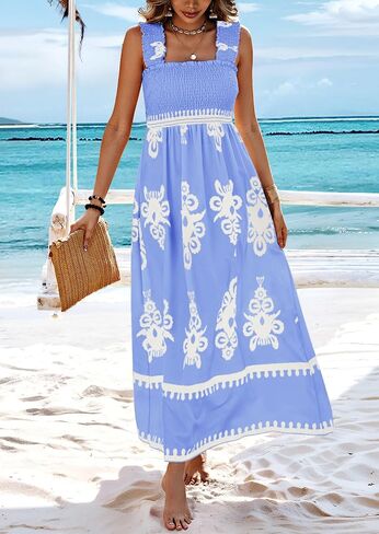 PRETTYGARDEN Womens Summer Boho Maxi Dress 2025 Casual Sleeveless Square Neck Floral Aline Smocked Beach Dresses with Pockets in Kuwait