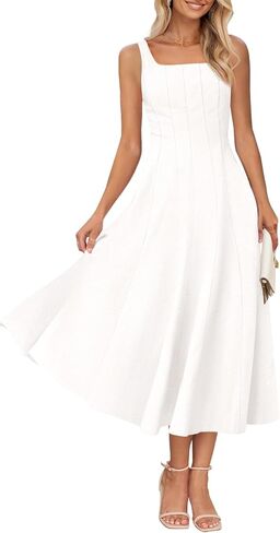 MEROKEETY Women's 2025 Summer Sleeveless Midi Dress Square Neck Smocked Flowy A Line Beach Dresses in Kuwait