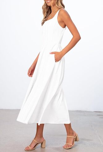 MEROKEETY Women's 2025 Summer Sleeveless Midi Dress Square Neck Smocked Flowy A Line Beach Dresses in Kuwait