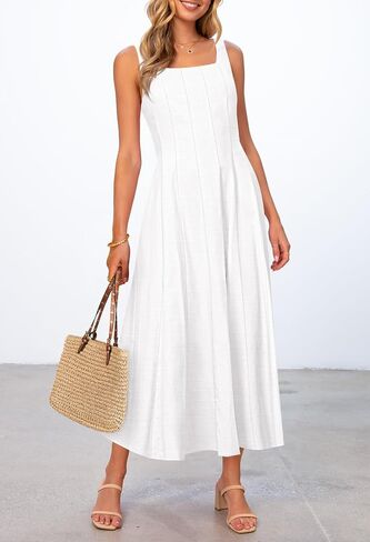 MEROKEETY Women's 2025 Summer Sleeveless Midi Dress Square Neck Smocked Flowy A Line Beach Dresses in Kuwait