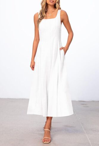 MEROKEETY Women's 2025 Summer Sleeveless Midi Dress Square Neck Smocked Flowy A Line Beach Dresses in Kuwait