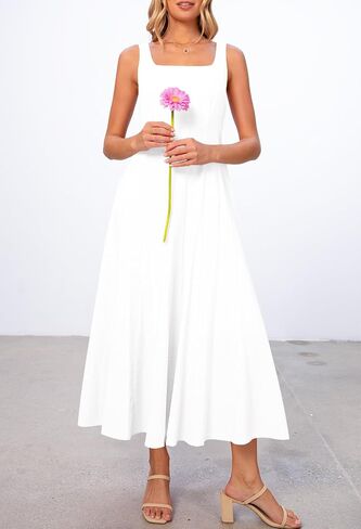MEROKEETY Women's 2025 Summer Sleeveless Midi Dress Square Neck Smocked Flowy A Line Beach Dresses in Kuwait