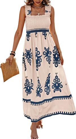PRETTYGARDEN Womens Summer Boho Maxi Dress 2025 Casual Sleeveless Square Neck Floral Aline Smocked Beach Dresses with Pockets in Kuwait
