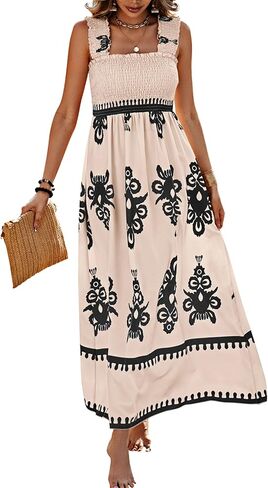 PRETTYGARDEN Womens Summer Boho Maxi Dress 2025 Casual Sleeveless Square Neck Floral Aline Smocked Beach Dresses with Pockets in Kuwait