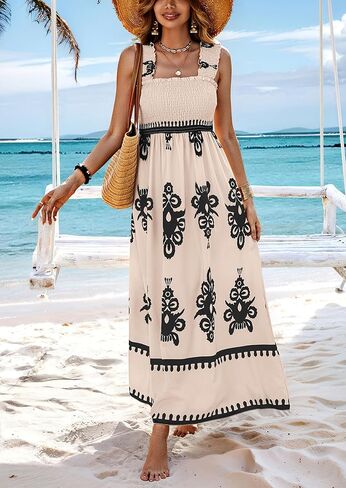 PRETTYGARDEN Womens Summer Boho Maxi Dress 2025 Casual Sleeveless Square Neck Floral Aline Smocked Beach Dresses with Pockets in Kuwait
