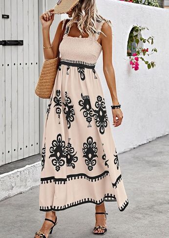 PRETTYGARDEN Womens Summer Boho Maxi Dress 2025 Casual Sleeveless Square Neck Floral Aline Smocked Beach Dresses with Pockets in Kuwait