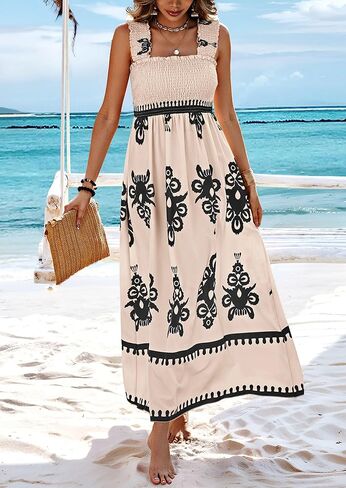 PRETTYGARDEN Womens Summer Boho Maxi Dress 2025 Casual Sleeveless Square Neck Floral Aline Smocked Beach Dresses with Pockets in Kuwait