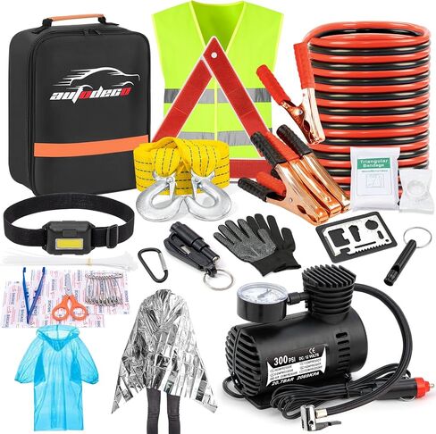 AUTODECO Car Roadside Emergency Kit, Car Safety Kit Portable Vehicle Kits for Emergency with Jumper Cables, Tow Straps, Safety Hammer, Black in Kuwait