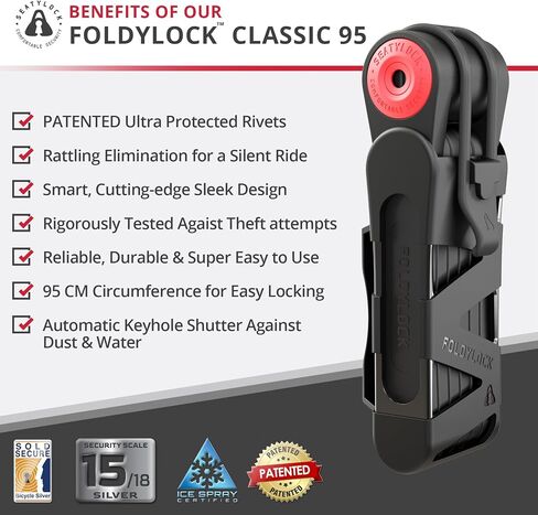 قفل الدراجة القابل للطي Seatylock Flightylock - قفل دراجة فضية مُعزَّل براءة اختراع - حارس آمن مضاد للسرقة مع مفاتيح وجبل Case - 37.4 " in Kuwait