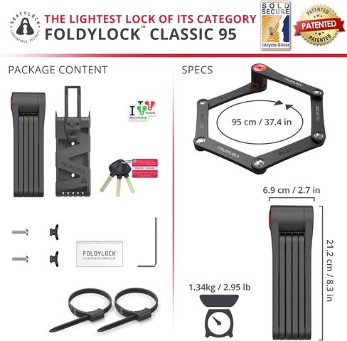 قفل الدراجة القابل للطي Seatylock Flightylock - قفل دراجة فضية مُعزَّل براءة اختراع - حارس آمن مضاد للسرقة مع مفاتيح وجبل Case - 37.4 " in Kuwait