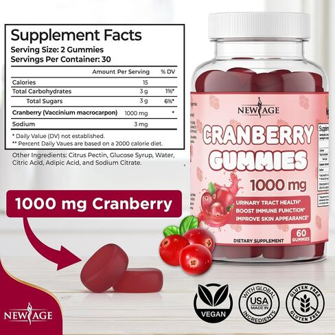 العصر الجديد التوت البري صحة المسالك البولية Gummies 1000mg - تدعم المثانة ، الكلى ، UTI - نباتي (Crotberry 120 Count) in Kuwait