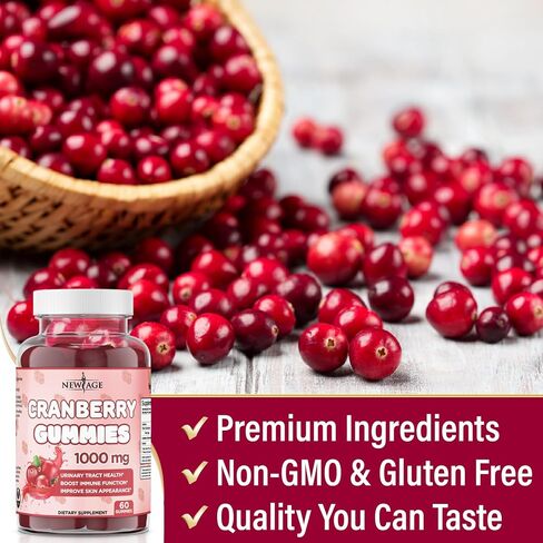 العصر الجديد التوت البري صحة المسالك البولية Gummies 1000mg - تدعم المثانة ، الكلى ، UTI - نباتي (Crotberry 120 Count) in Kuwait