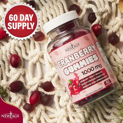 العصر الجديد التوت البري صحة المسالك البولية Gummies 1000mg - تدعم المثانة ، الكلى ، UTI - نباتي (Crotberry 120 Count) in Kuwait