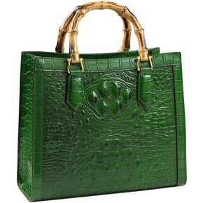 Crocodile Pattern Leather Women's Bag Bamboo Top-Handle Satchel Handbags Portable Tote Bag Shoulder Messenger Bags (Green)