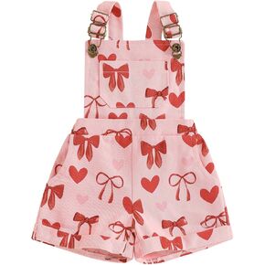 FYBITBO Toddler Baby Girl Valentines Outfit Bow Heart Print Suspender Romper Jumpsuit Kids Overall Shorts Spring Clothes