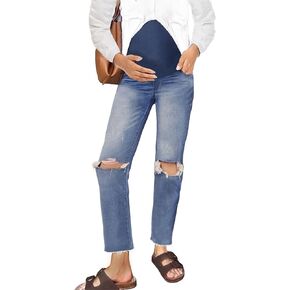 Peauty Maternity Ripped-Jeans Straight Leg Distressed Knee-Slit Comfortable Stretch Over The Belly Support Pregnancy-Pants