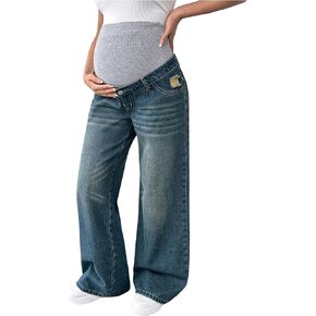 MakeMeChic Women's Maternity Bootcut Jeans Wide Leg Over The Belly Straight Pregnancy Denim Pants