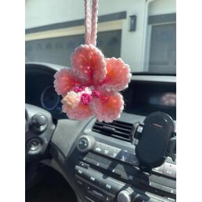 Hibiscus Flower Car Hanging Ornament,Crochet Hawaiian Tropical Flowers Bag Charms Decor Car Rear View Mirror Beach Accessories (Pink)
