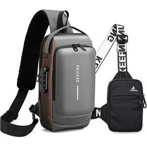Peicees Mens Crossbody Bag Man Bags Mens Purse Anti-theft Sling Bag Shoulder Bag Chest Bag, Leather Grey Gold and Mini Black