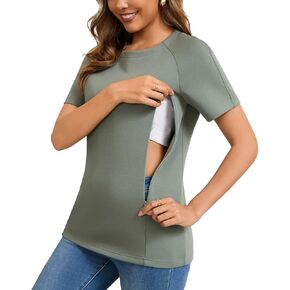 GINKANA Nursing Tops Breastfeeding Tshirt for Women Mama Zipper Distressed Loose-Fit Tee Pregnancy Clothes