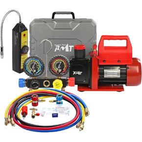 PB Motor Tech Vacuum Pump & Gauge Set - 4.5 CFM مضخة مع مقياس من مشعب الألومنيوم من 4 طرق ، كاشف التسرب وعلبة تخزين PVC - مثالية لصيانة التيار المتردد ، يناسب R22 ، R134A و R410A المبرد