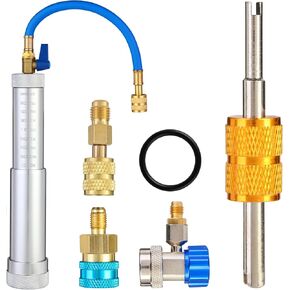 Wells AC Oil Dye Injector Kit, R134A & R1234YF & R410A A/C Oil Injector Backflow Prevent Kit with R134A & R1234YF Low Side Quick Coupler R410A Mini Split Adapter 2 OZ Measuring Cup 2 Oil Checkers