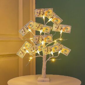 Woohaha 2ft Money Tree with Holder ، 24led Birch Tree Table Protiece ، بطارية بطاقة الهدايا/USB مدعومة بـ 6 مقاطع و 6 بطاقات للمنزل ، الحفلات ، عيد الميلاد ، حفل زفاف ، عيد ميلاد ، التخرج