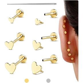 Flat Back Earrings Stud : 14K Gold Filled Titanium Surgical Steel Earrings Hypoallergenic for Women Men 18G Cartilage Helix Tragus Conch Medusa Piercing Jewelry Dainty Stud Earring Set 3 Pair